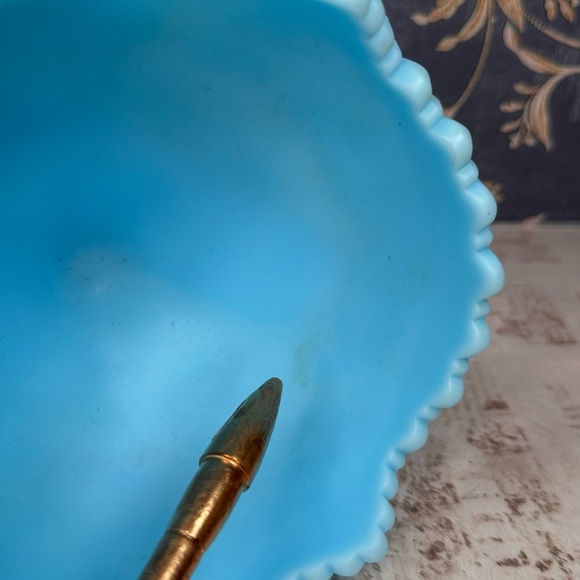 Vintage Fenton Blue Satin Glass Pedestal Compote Bowl Signed Estate - Picture 9 of 11